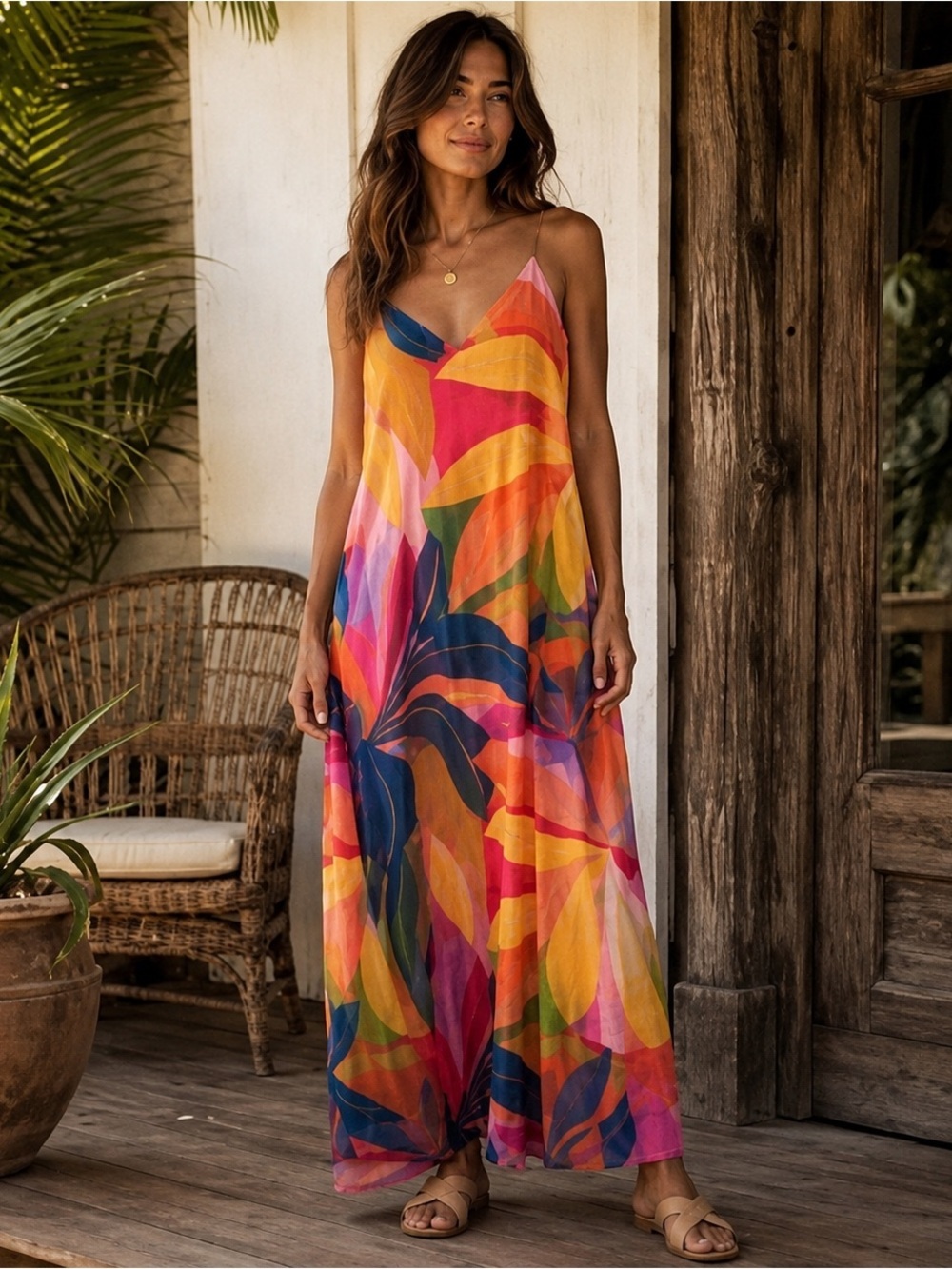 Nicole Miller Multicolor Pink Yellow Blue Tropical A-Line Maxi Dress Size XS